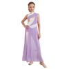 Girls Modern Dance Costume Mock Neck Sleeveless Back Invisible Zipper Ruched Mesh Overlay Bodice Side Split Dress