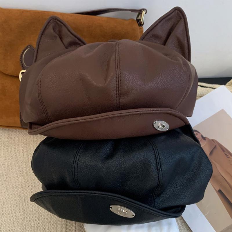 1pc PU Leather Cute Cat Ear Berets For Women Solid Color Casual Newsboy Cap Personalized Peaked Cap