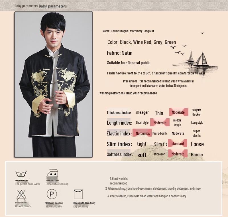 Embroidered Gold Double Dragon Tang Suit Men's Long-Sleeve Stand-Collar Outerwear