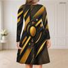 Women Plus Size V Neck Long Sleeve Black Gold Geometric Printed Curved Hem Dress