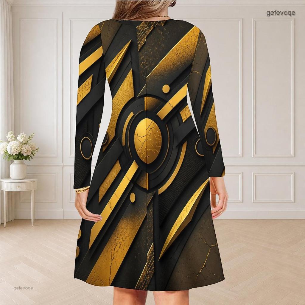 Women Plus Size V Neck Long Sleeve Black Gold Geometric Printed Curved Hem Dress
