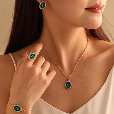 Europäische & Amerikanische Wassertropfen Ovaler Diamant Halskette, Ohrring und Ring Brautschmuckset