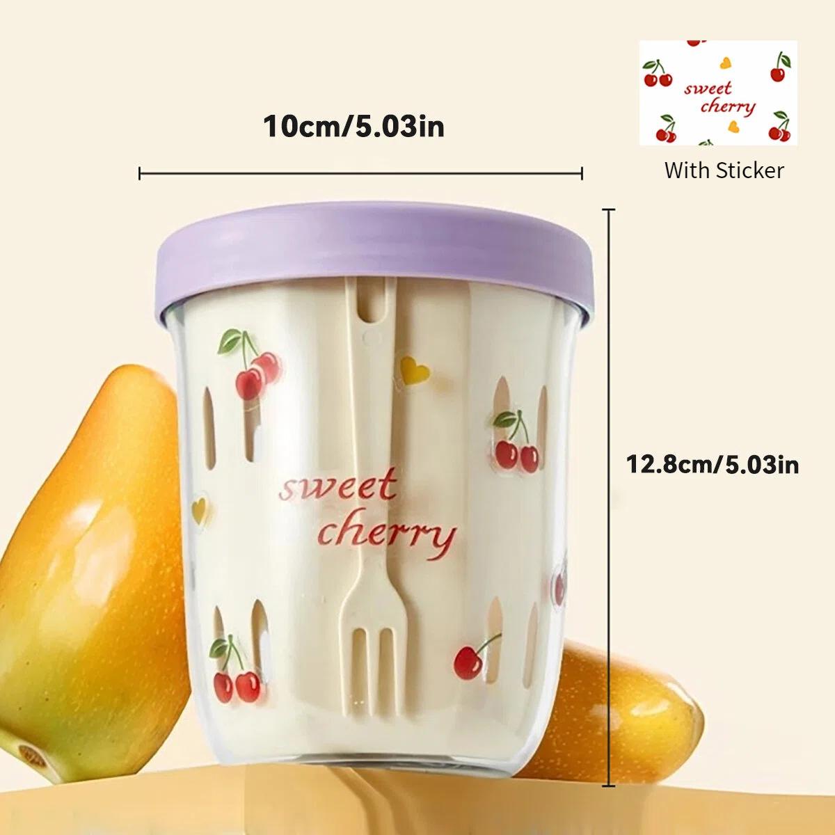 Portable Plastic Salad Cup with Cute Stickers Double-Layer Drain Fruit Cup Reusable Yogurt Oat Container Breakfast Cup with Fork