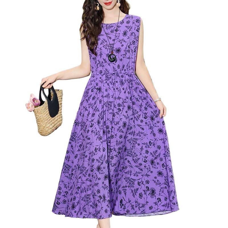 New Summer Floral Cotton-Silk Sleeveless Dress - Plus Size, Loose Fit, Slimming, Vacation Style Mom’s Long Dress