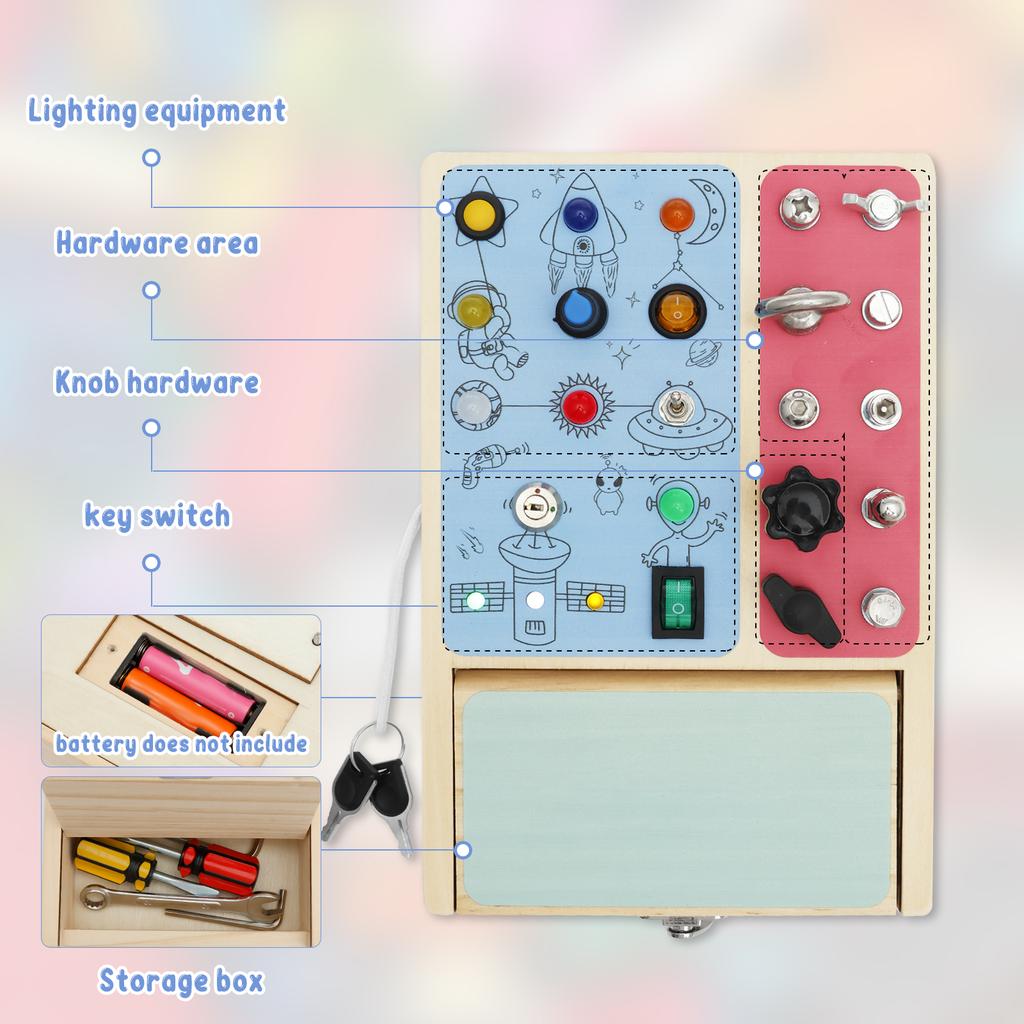 Montessori Wooden Busy Board with LED Light Switches, Sensory Toys Light Switch Fidget Board Travel Toys for Toddler