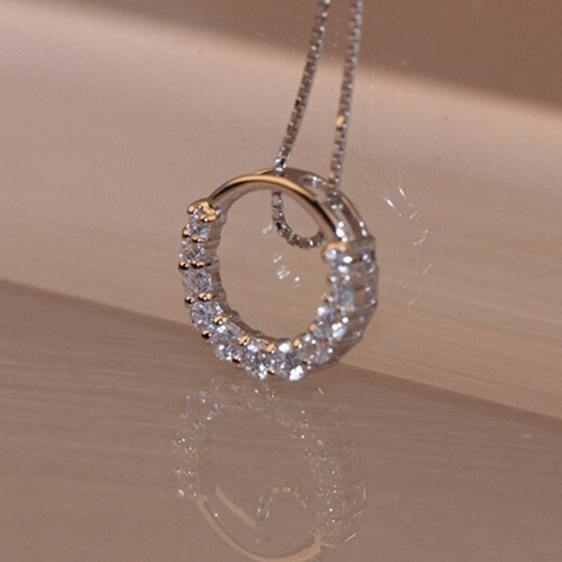 Huitan Delicate Circle Shape Pendant Bridal Wedding Necklace Silver Color Shiny CZ Elegant Timeless Style Women Necklace