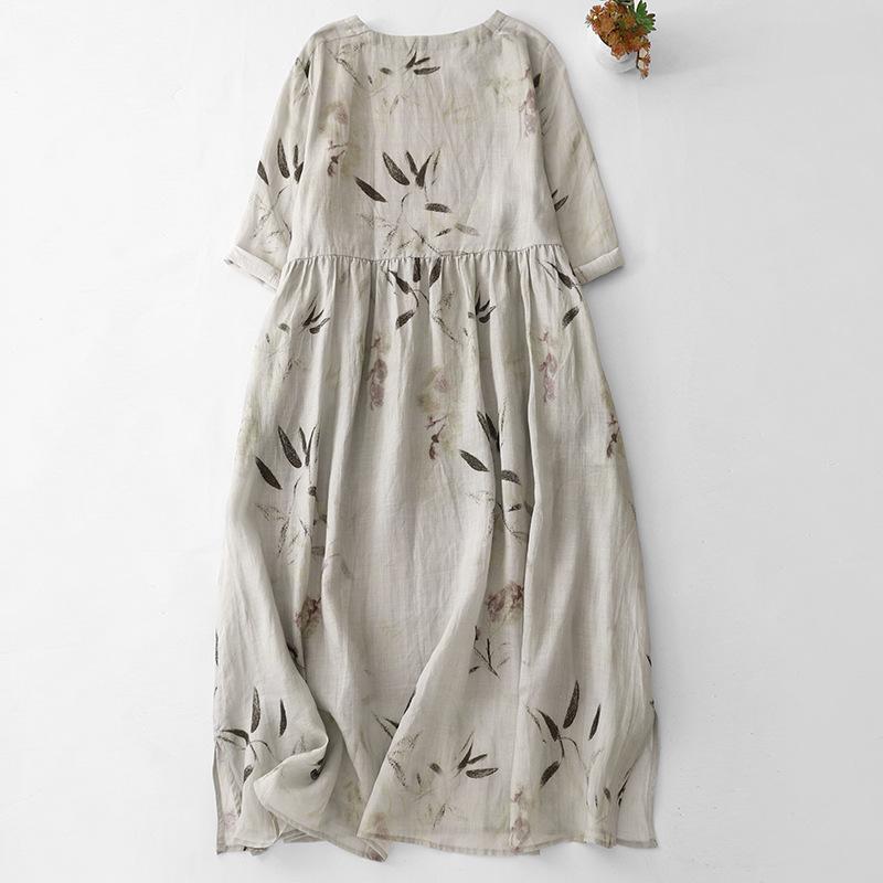 2025 Summer New Printed Cotton and Linen Dress Women's Vacation Travel Loose and Thin Round Neck Five-quarter Sleeve Knee Dress