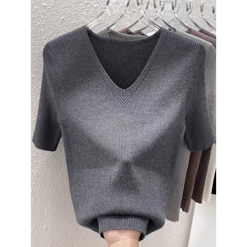 Plus Size Women Clothing Western Style V-neck Short Sleeve T-shirt Women's Summer New Loose Slimming Solid Ice Silk Knitting Top Thin