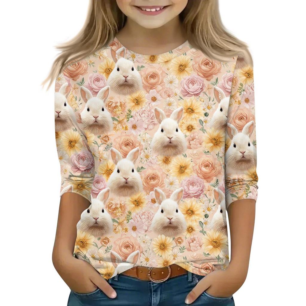 Kinder 3/4 Ärmel Tops Casual Print T Shirt Rundhals Pullover Bluse