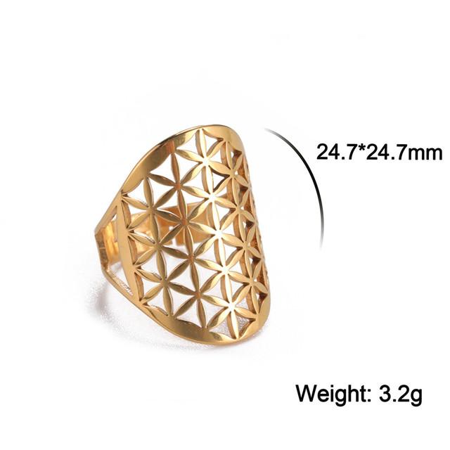 Cazador Hollow Flower of Life Women's Rings Adjustable Stainless Steel Open Rings Wedding Anniversary Jewelry Mother Day Gift