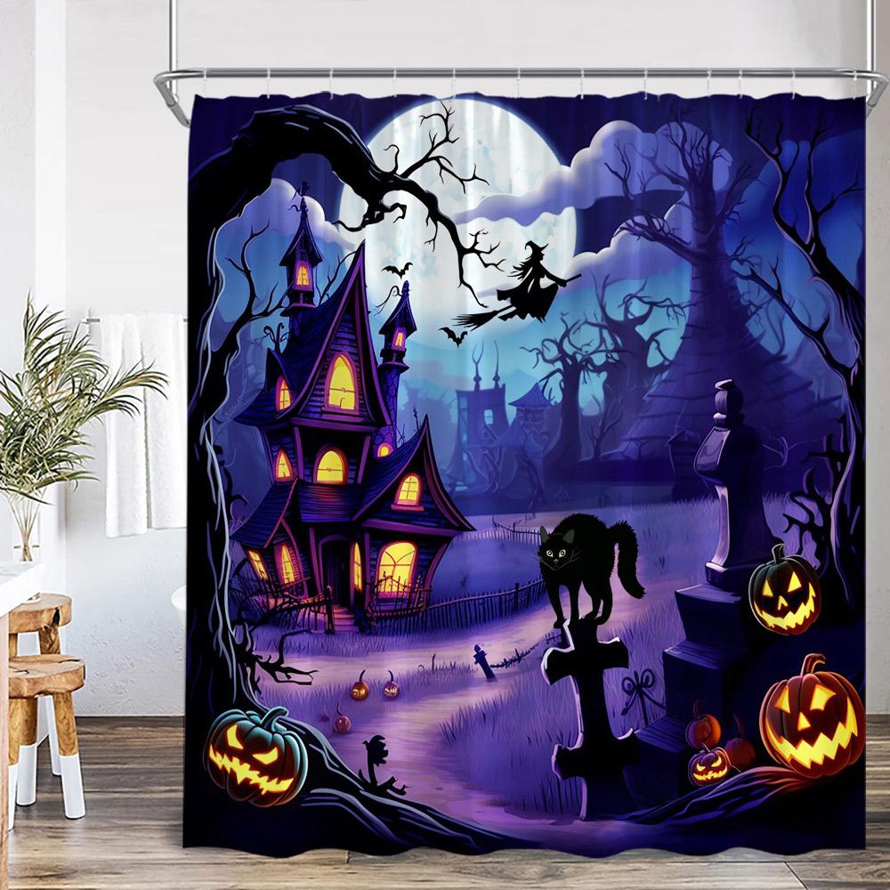 Halloween Shower Curtain Dark Forest Haunted House Graveyard Pumpkin Lantern Ghost Spooky Bathroom Decor Halloween Bath Curtain