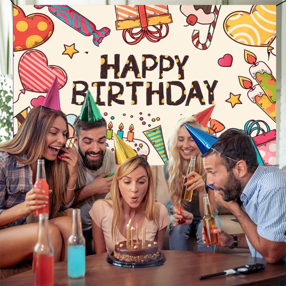 Cute Happy Birthday Photography Backdrop Cake Candy Gift Party Hanging Banner Adults Kids