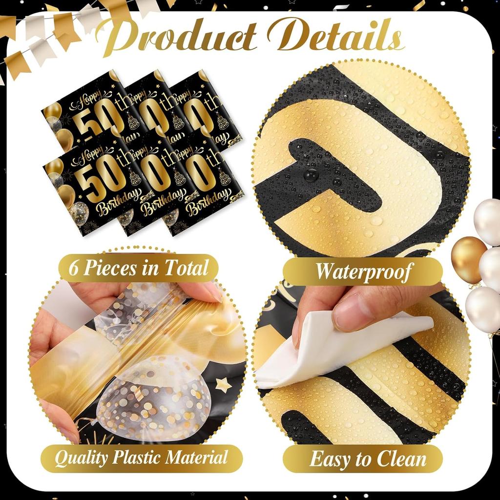 6 Pcs 50th Birthday Table Runners Plastic Black and Gold Tablecloths Happy 50th Birthday Table Runners 14x108 Inch for Men Women Anniversary