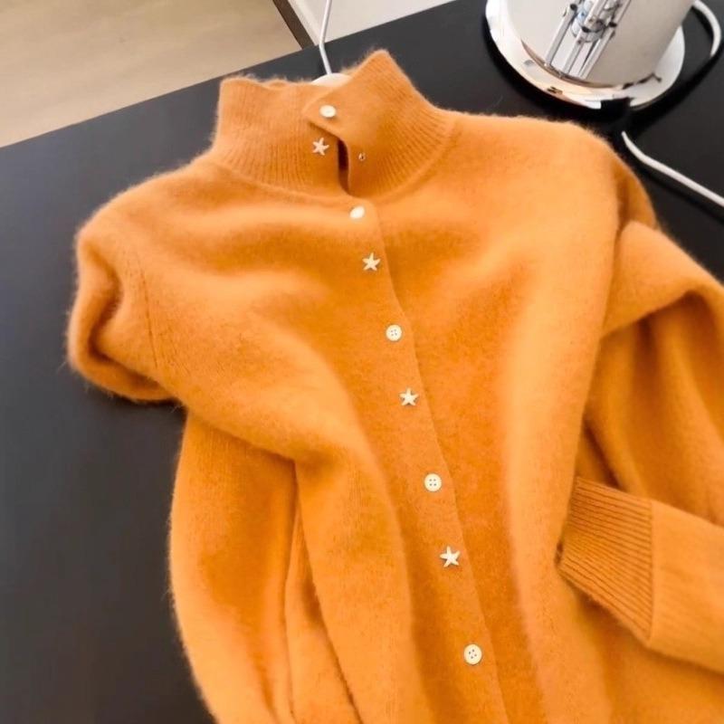 New Autumn Loose Orange Stand-up Knitted Cardigan for Women Long-sleeved High-end Soft Waxy Sweater