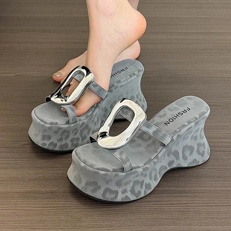 Fashion Women Slippers High Heels Leopard Shoes Dress Fashion Woman's Sandals 2025 Summer Designer Slides New Casual Sandalias De Mujer