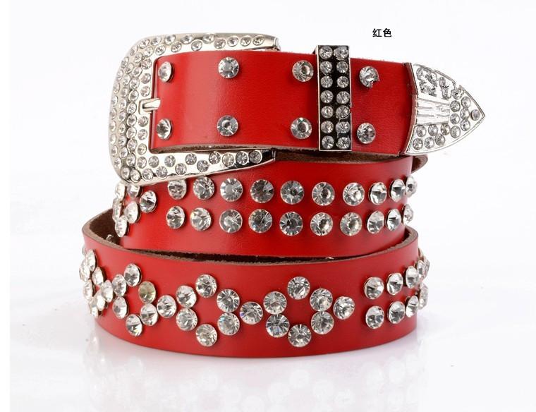 Wide Leather Belt With Metal Pin Closure Rhinestone Decor For Elegant Womens