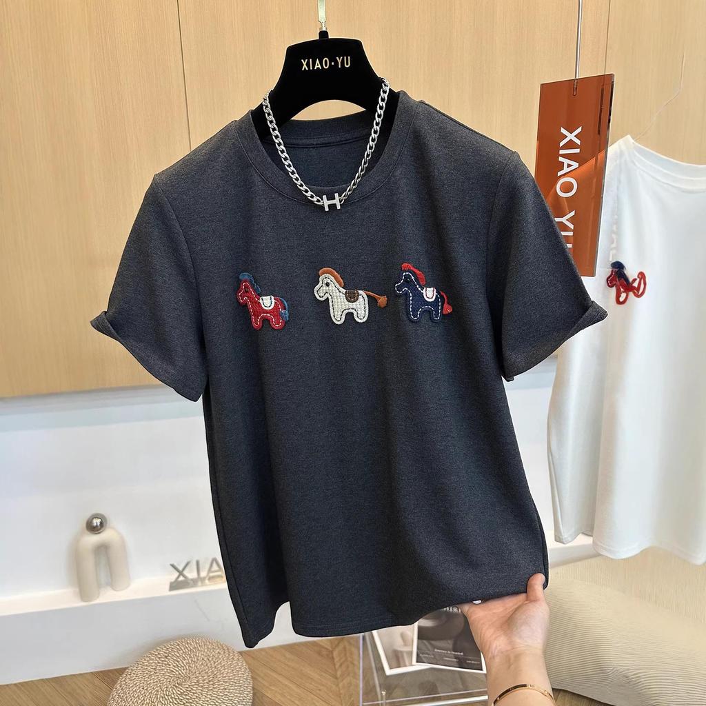 2026 Spring/Summer Women's Cartoon Embroidered Short Sleeve T-shirt - Stylish, Youthful Look