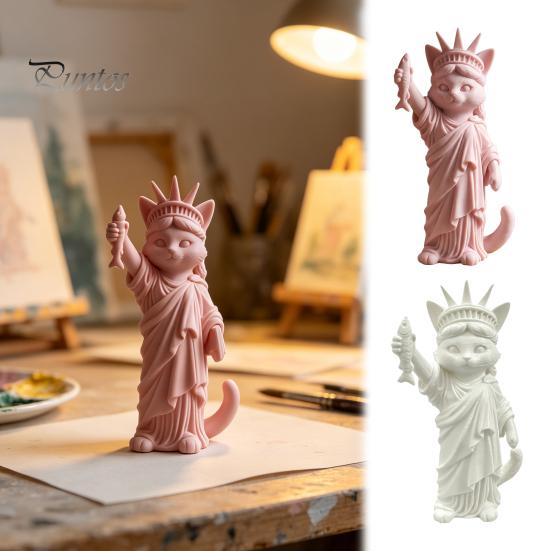 Modern Minimalist Room Decor 3D Printed Cat Statue, Mini Liberty Figurine with Fish, Artistic Creative Gifts for Lovers Animal Ornament Bookshelf