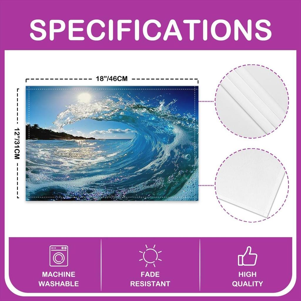 Japanese Wave Placemats Set of 4 18"x12" Kids Ocean Wave Table Place Mats for Boys Girls Teens Sunset Placemat