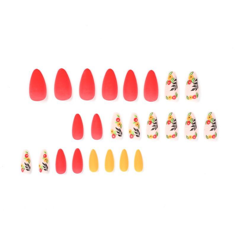 Wearing Nail Polish Matte Red Yellow Jumping Color Small Flower Fake Wholesale Mid Length Nails