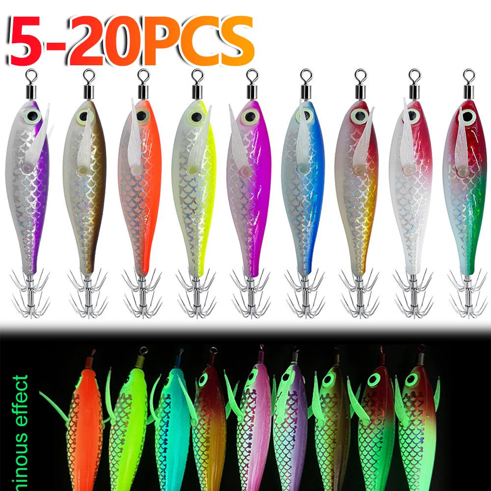 5-20pcs Luminous Squid Jigs Luminous Squid Hook Cuttlefish Attracting Lure Double Hook Squid Jigs Lure Luminous Wood Shrimp Lure