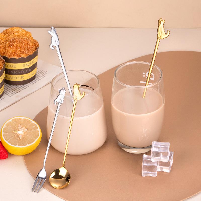 Creative Stainless Steel Tableware Cute Cat Dessert Spoon Fork Coffee Stirring Spoon Fruit Fork Mug Spoon Fork