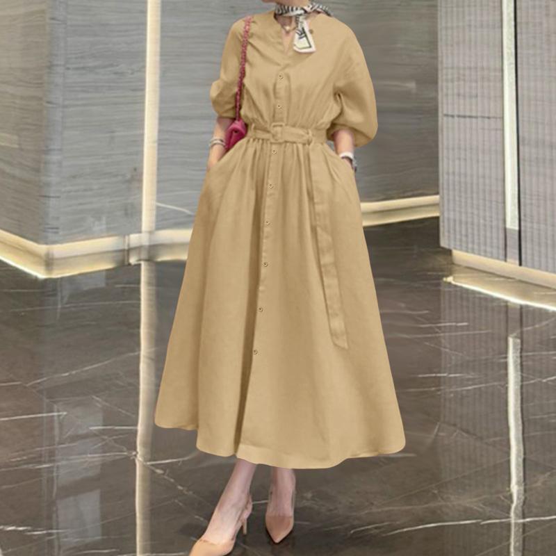 

ZANZEA Женское повседневное платье с V-образным вырезом, однотонное, свободного кроя, с рукавами 3/4, длинное 5XL хаки