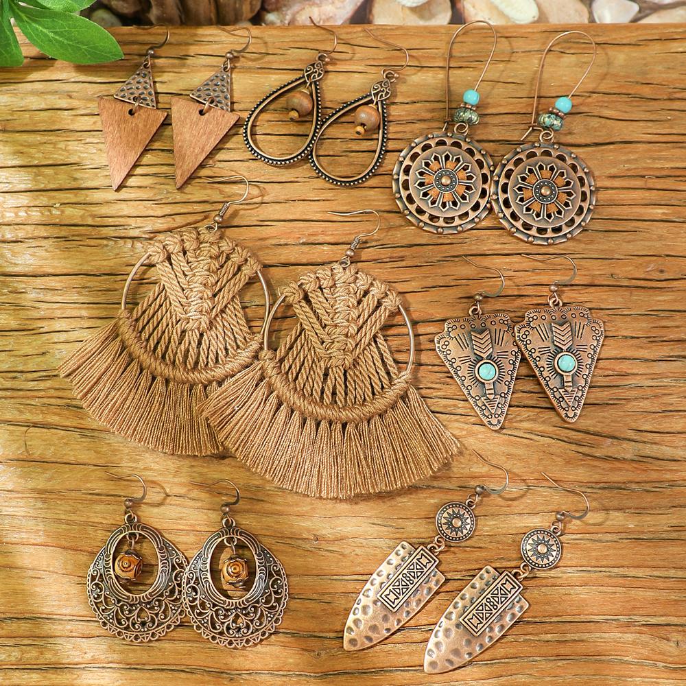 19 párů Boho náušnic Vintage hnědá série náušnic Střapcové tkané výrazné geometrické visací náušnice Lehké všestranné dárky