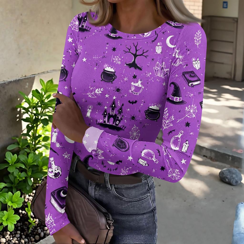 Women Halloween Print Long Sleeve Slim Fit Crew Neck Base Layer T Shirt Casual Stretchy Top for Everyday Wear