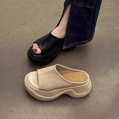 New Women's Height-increasing Shoes, Soft Leather Thick-soled Shoes, Anti-slip One-shoulder Slippers