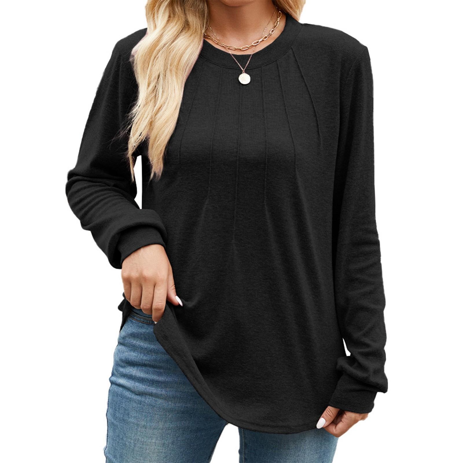 

Женская мода повседневный однотонный плиссированный круглый вырез с длинным рукавом свободный пуловер топ L чёрный