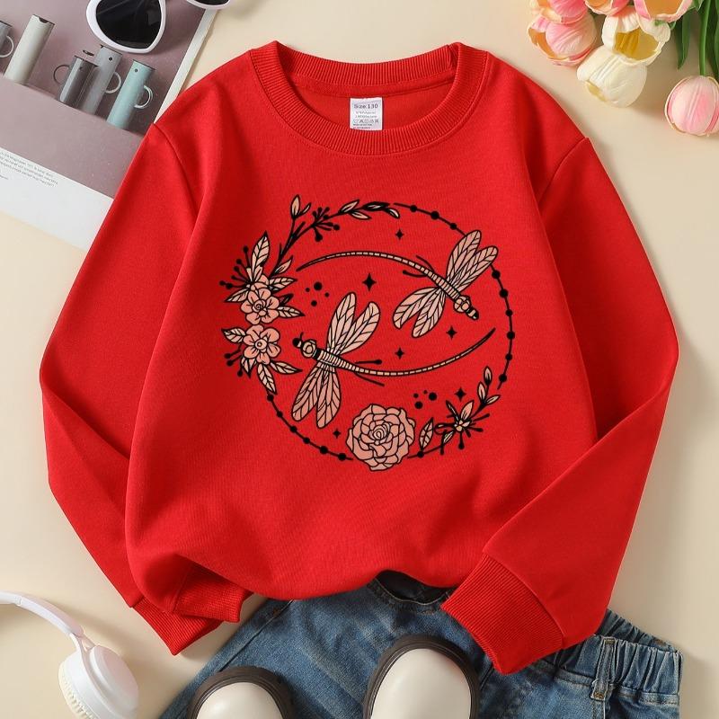 Kids Crewneck Sweatshirt, Dragonfly Floral Wreath Print, Soft Casual Pullover for Fall Winter