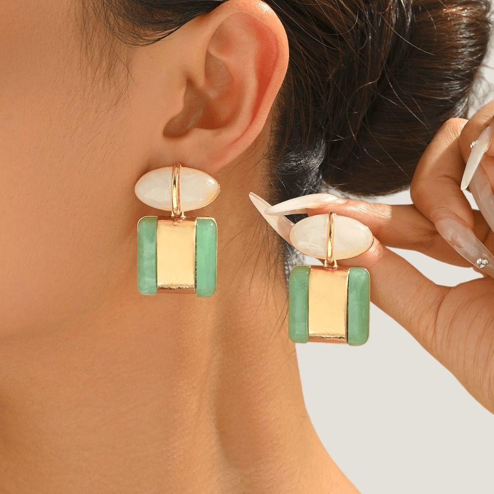 Creative Geometric Square Dangle Earrings Charm Color-block Vintage Stud Earrings Alloy Resin Bohemian Dangle Earring Beach