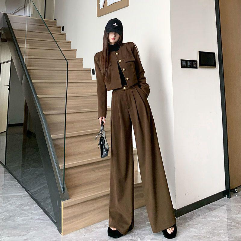 

Spring 2026 Women s Fashion: Trendy Jacket and High-Waisted Wide-Leg Pants Two-Piece Set Coffee Pants