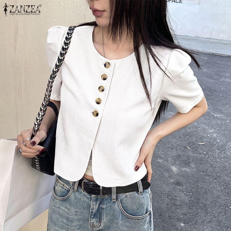 ZANZEA Women Casual Round Neck Solid Color Short Sleeve Cropped Blouse