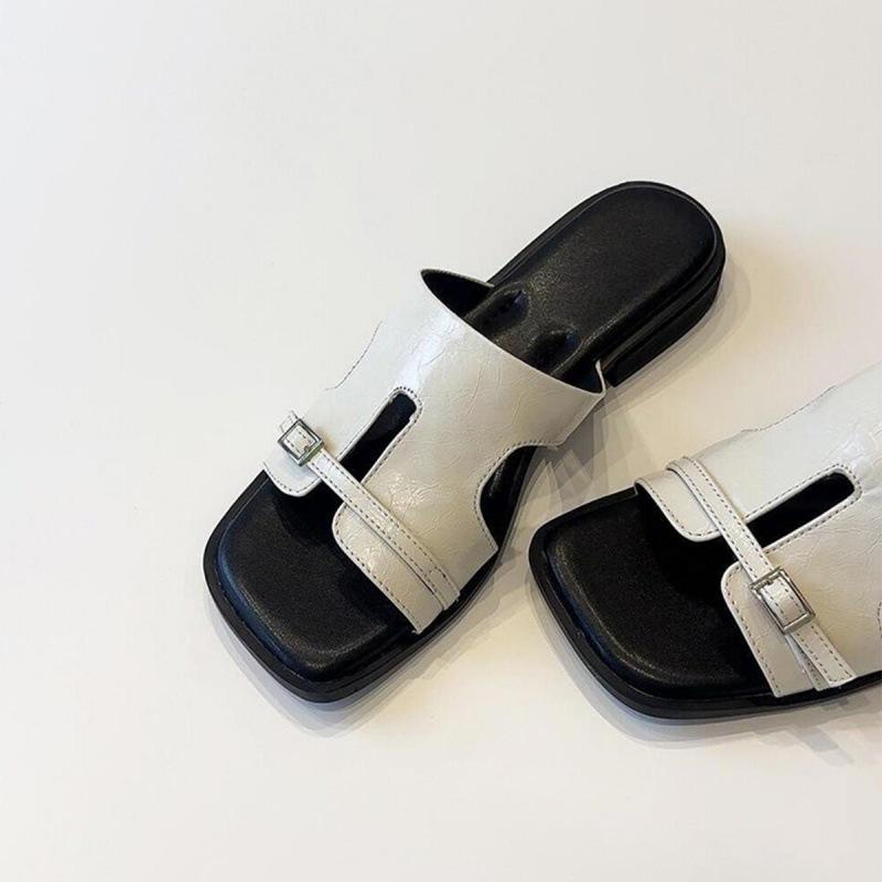 

Версия из мягкой кожи~ Французские нежные шлепанцы на плоской подошве, удобные и прохладные, женские универсальные, с удобной пряжкой-ремнем, полые, однословные 40 белый