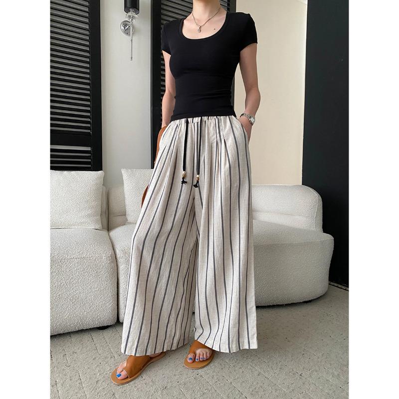 Sinan Tencel-Linen Striped Wide-Leg Pants with Beaded Drawstring Waist M