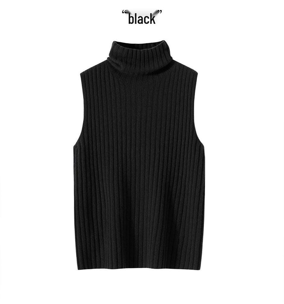 Women's 100% Pure Cashmere Striped Sleeveless Slim-Fit Turtleneck Vest