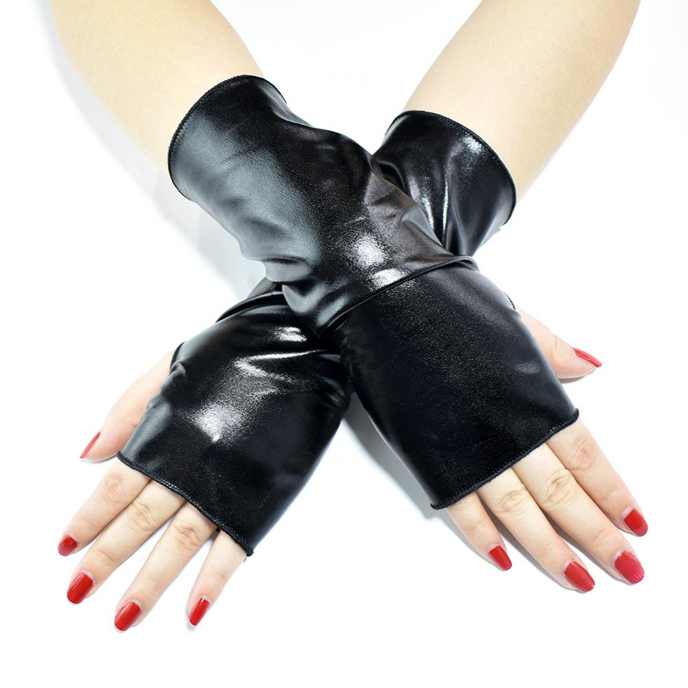 Short Fingerless Bright Black Patent Leather Gloves Halloween Costume Punk Costume Hip-hop Dance Gloves