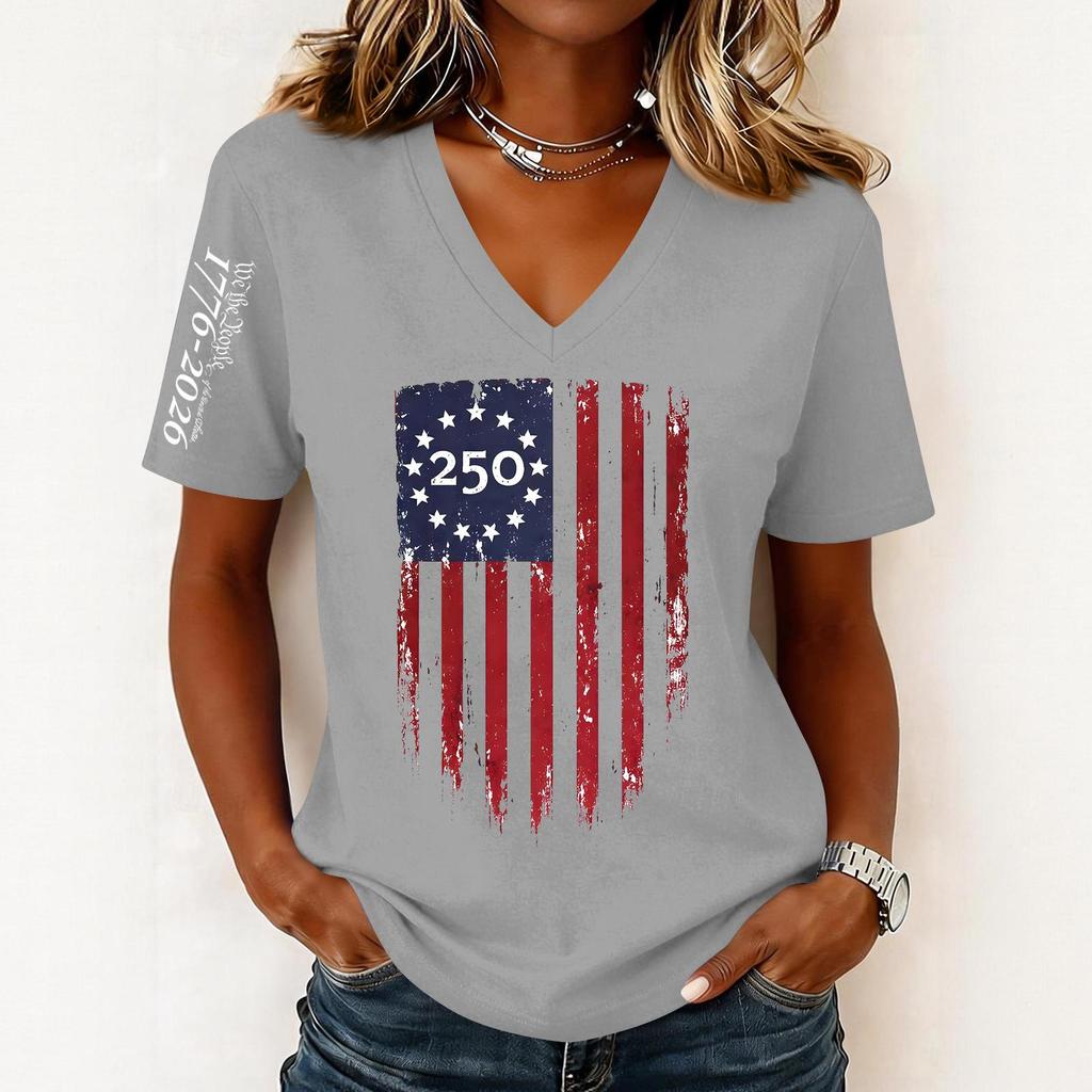 Women’s Casual V Neck Short Sleeve Pullover Top with 250th Anniversary Printed Graphic Lightweight Loose Fit T Shirt