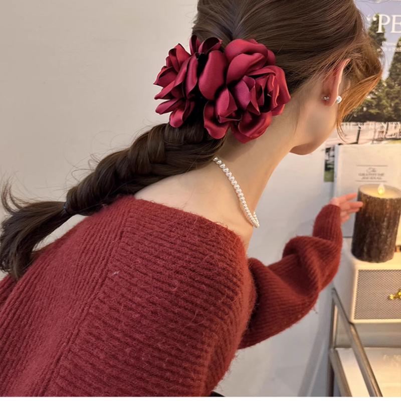 Temperament Satin Rose Flower Headwear Hair Claw Clips For Women Ponytail Holder Shark Clamp Hair Clip Hair Accessories