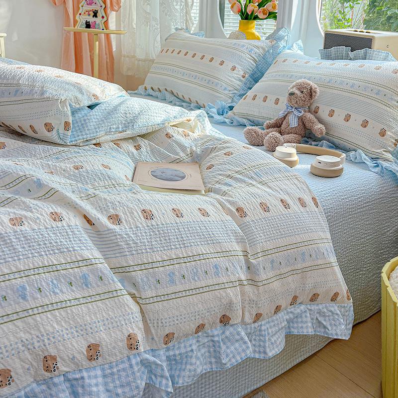 Spring/Summer Kids' Cotton Lace Duvet & Sheet Set - Korean Style, A-Grade, Puffy, 3-Piece