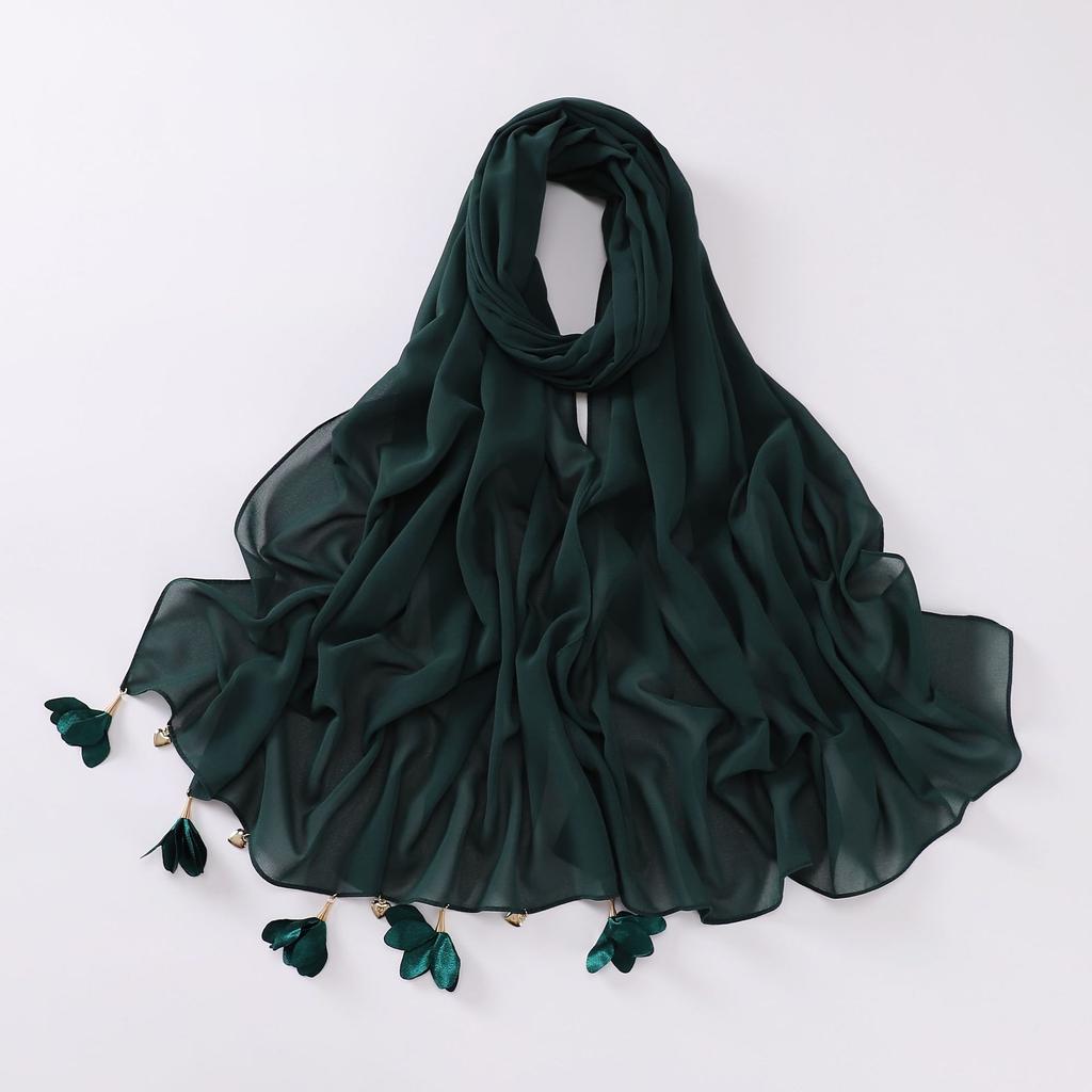 Handmade Alloy Love Flower Chiffon Hijab Beads Scarves Plain Shawls Women Sunscreen Headscarf Head Wrap Hijabs Ramadan Turban