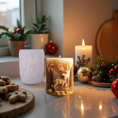 Relief Forest Elk Cylindrical Candle Silicone Mold DIY Christmas Reindeer Cedar Candle Mold Aromatherapy Silicone Candle Mold