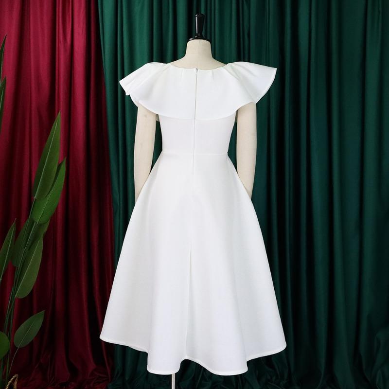 Women Elegant Ruffled High Waist A Line Midi Evening Party Dress
