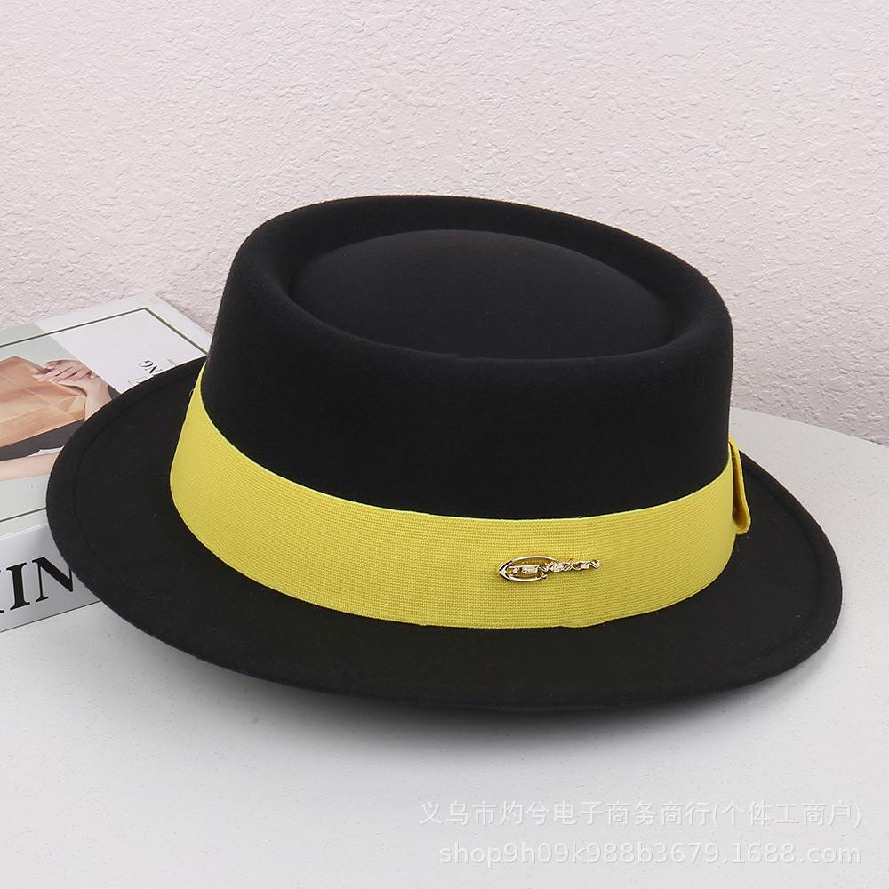 Autumn and Winter French Flat-brimmed Woolen Flat-top Top Top Hat Female British Show Small Face Simple Temperament Elegant Celebrity Style Jazz Hat