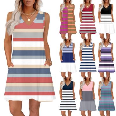 Women's Summer Dresses Loose Fit Printed V Neck Sleeveless Sundresses Beach Hawaiian Dress With Pockets