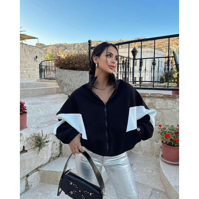 

European and American Loose Casual All-matching Top Long sleeve Color Matching Stand Collar Outerwear Women Autumn and Winter Women Loose Jacket Black S