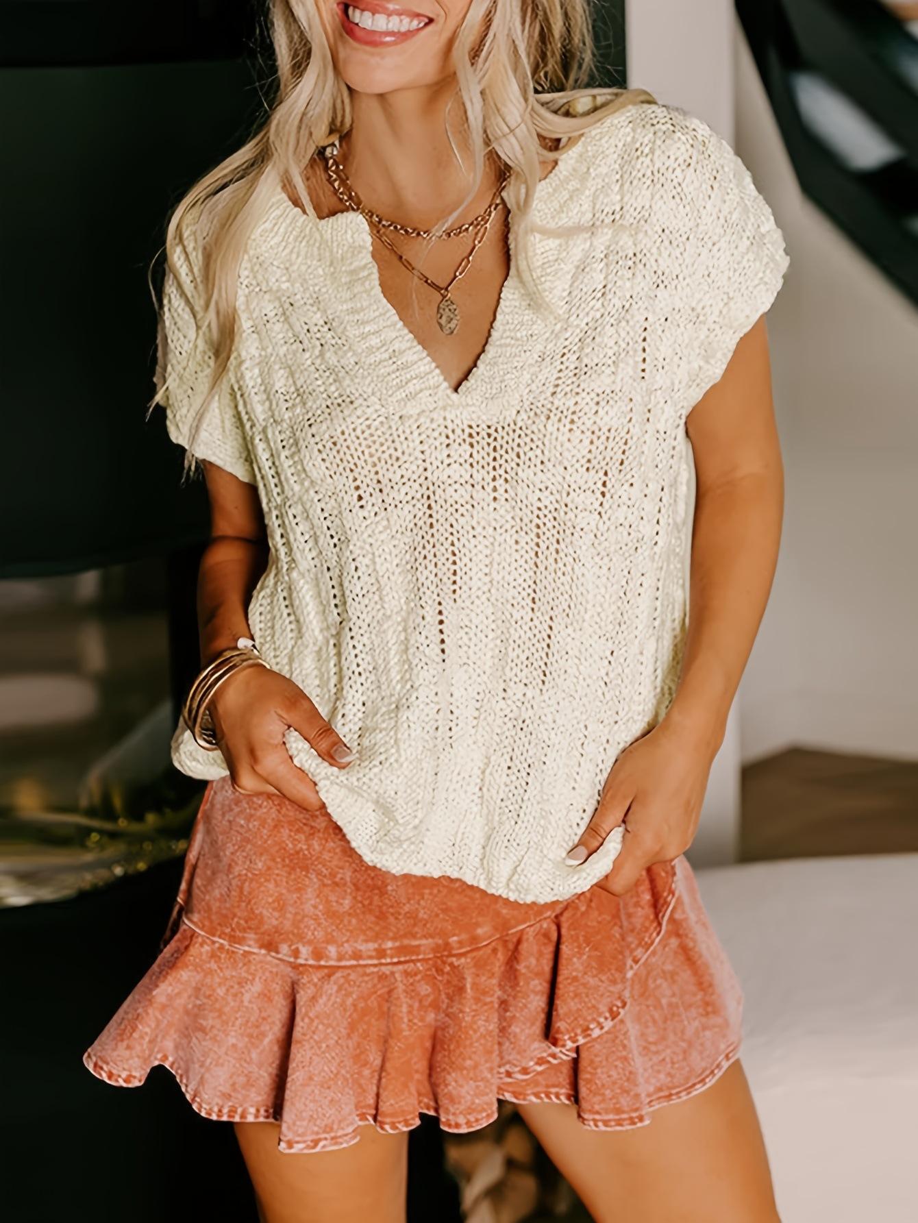 Women S Solid Color Knit V Neck Loose Short Sleeve Top S