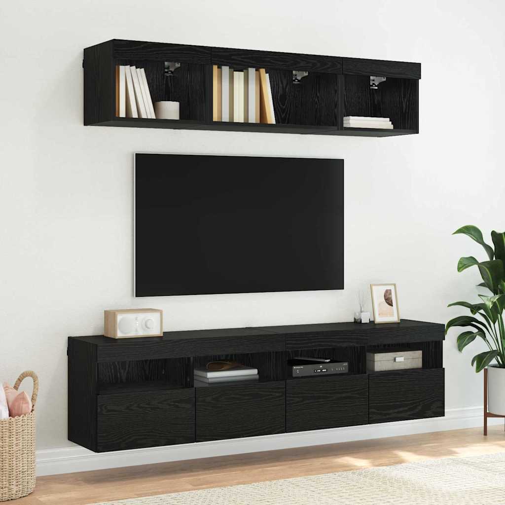 Wall Mounted TV Cabinet with LED Lighting Black Oak Effect 80 x 30 x 40 cm